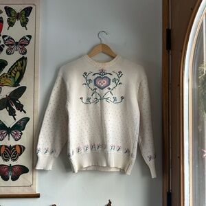 Vintage Eddie Bauer 100% Cotton Floral Design Cream Sweater